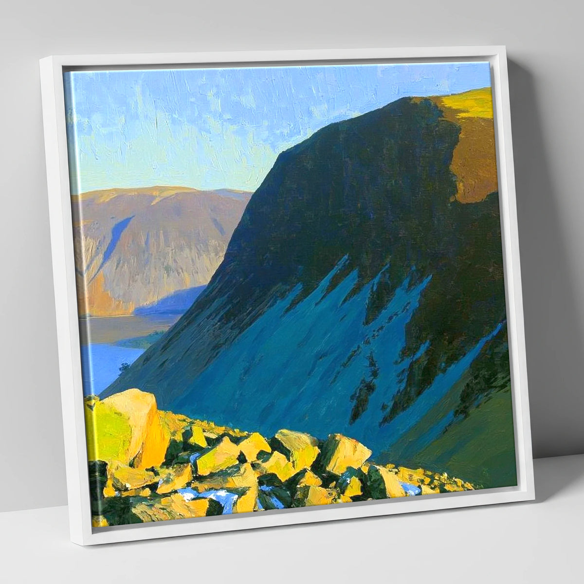 Whin Rigg Scree in Blue Shadow lake district fell canvas wall art in white frame