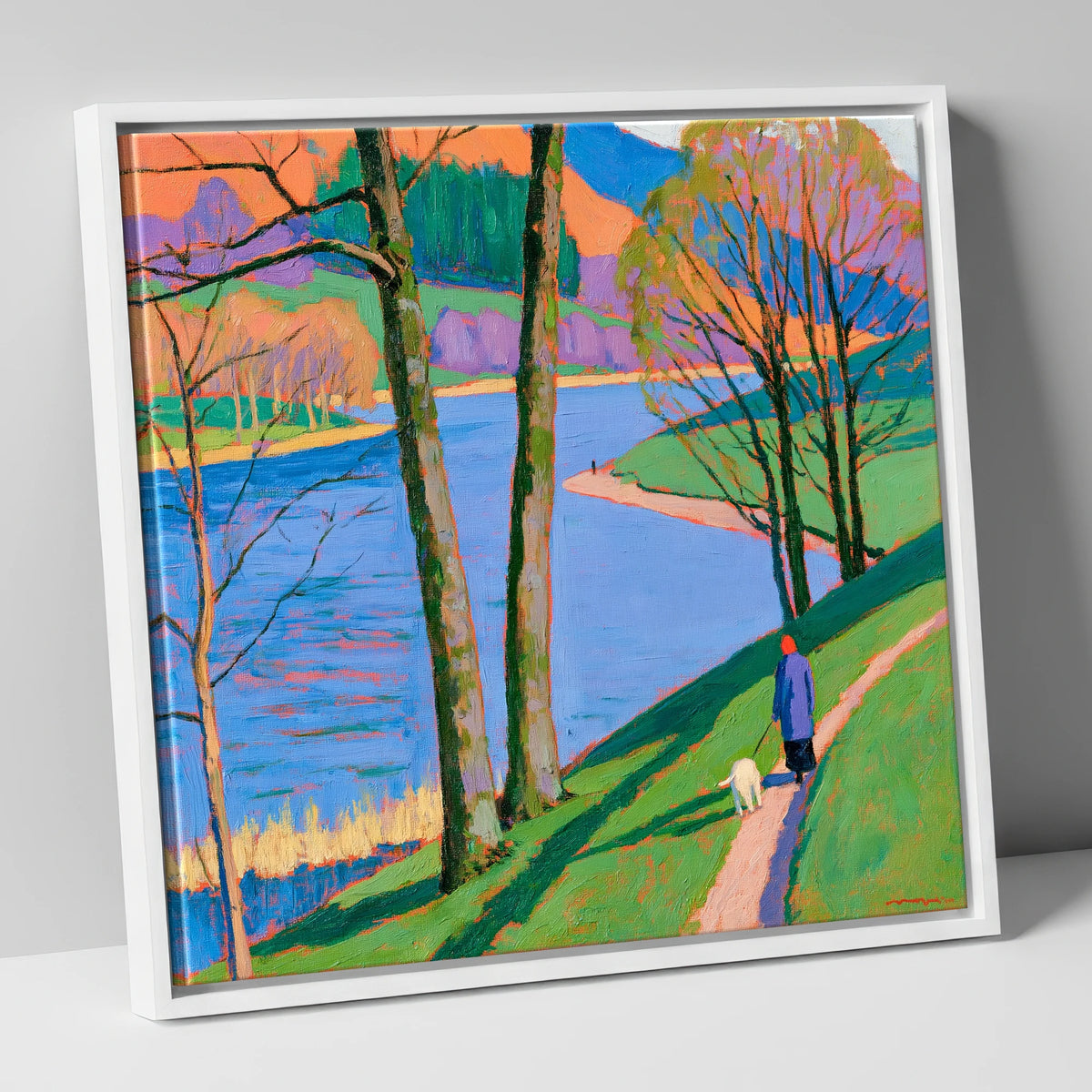 Vivid Lakeside Walk at Grasmere gifts for dog walkers canvas wall art in white frame