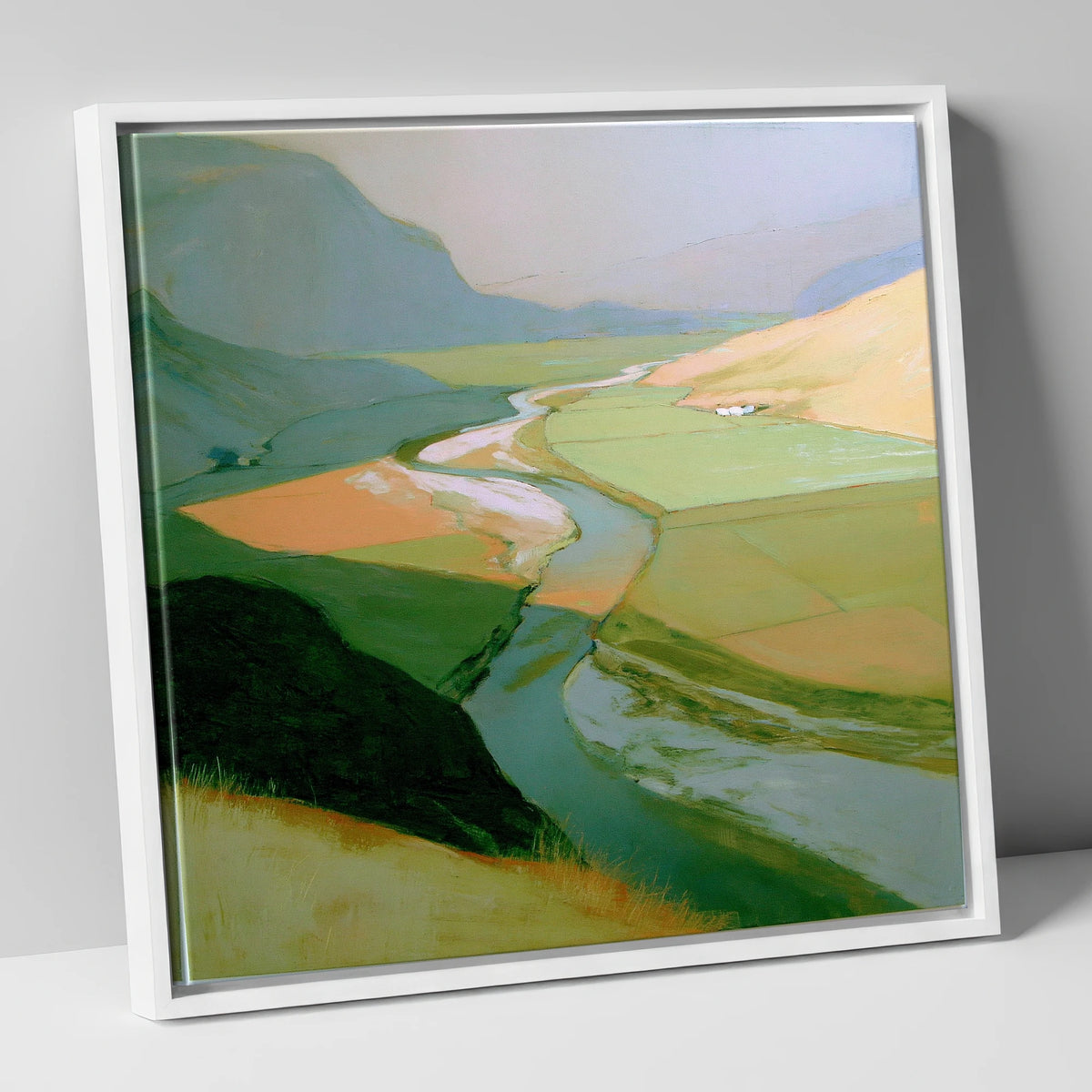 Winding River Through Sage Fells lake district waterfall canvas wall art in white frame