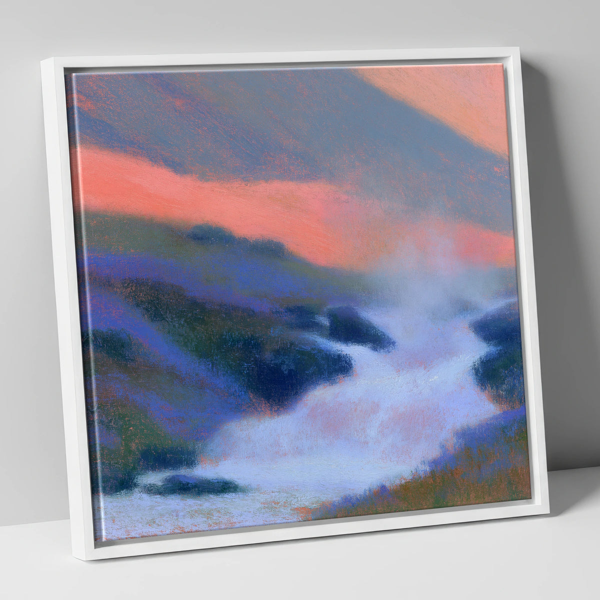Pink Twilight Over Fellside Beck lake district waterfall canvas wall art in white frame