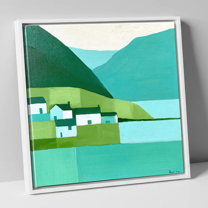 Modern Teal Lakeside Village lake district village canvas wall art in white frame