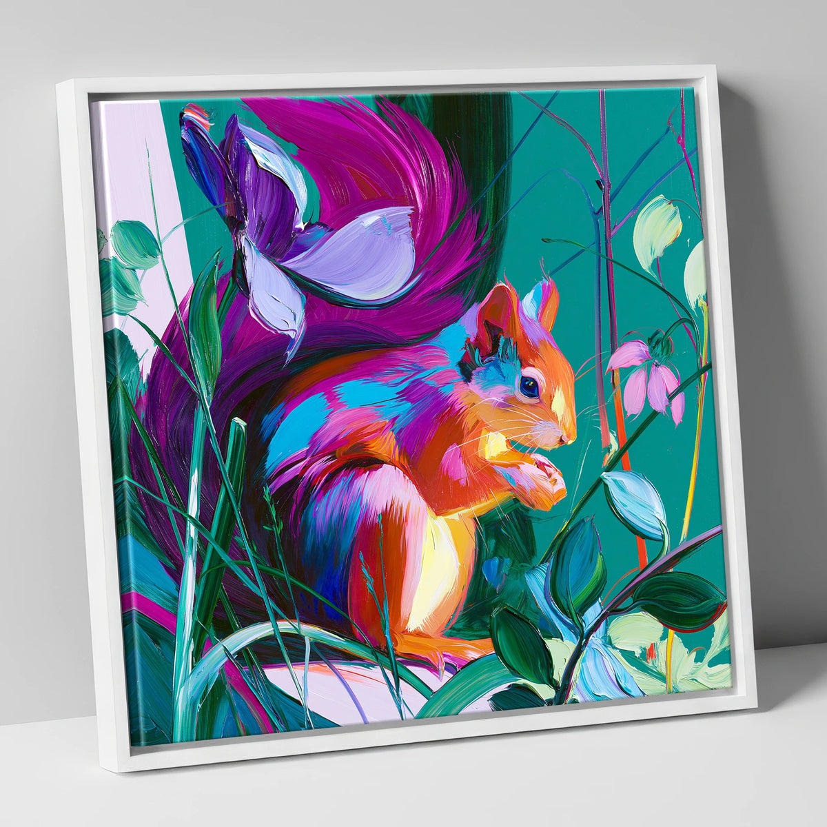 Vibrant Red Squirrel in Woodland lake district wildlife canvas wall art in white frame