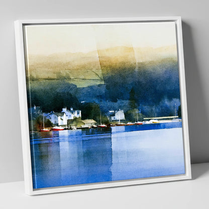 Bowness Bay in Deep Indigo lake district village canvas wall art in white frame