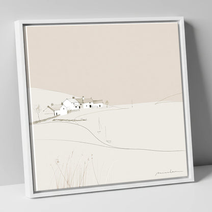 Minimalist White Lakeside Village lake district village canvas wall art in white frame