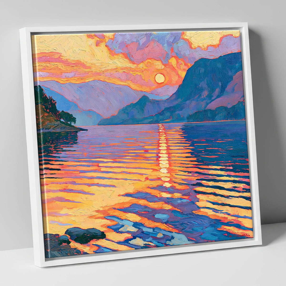 Golden Sunset Reflected on the Lake lake district lake canvas wall art in white frame