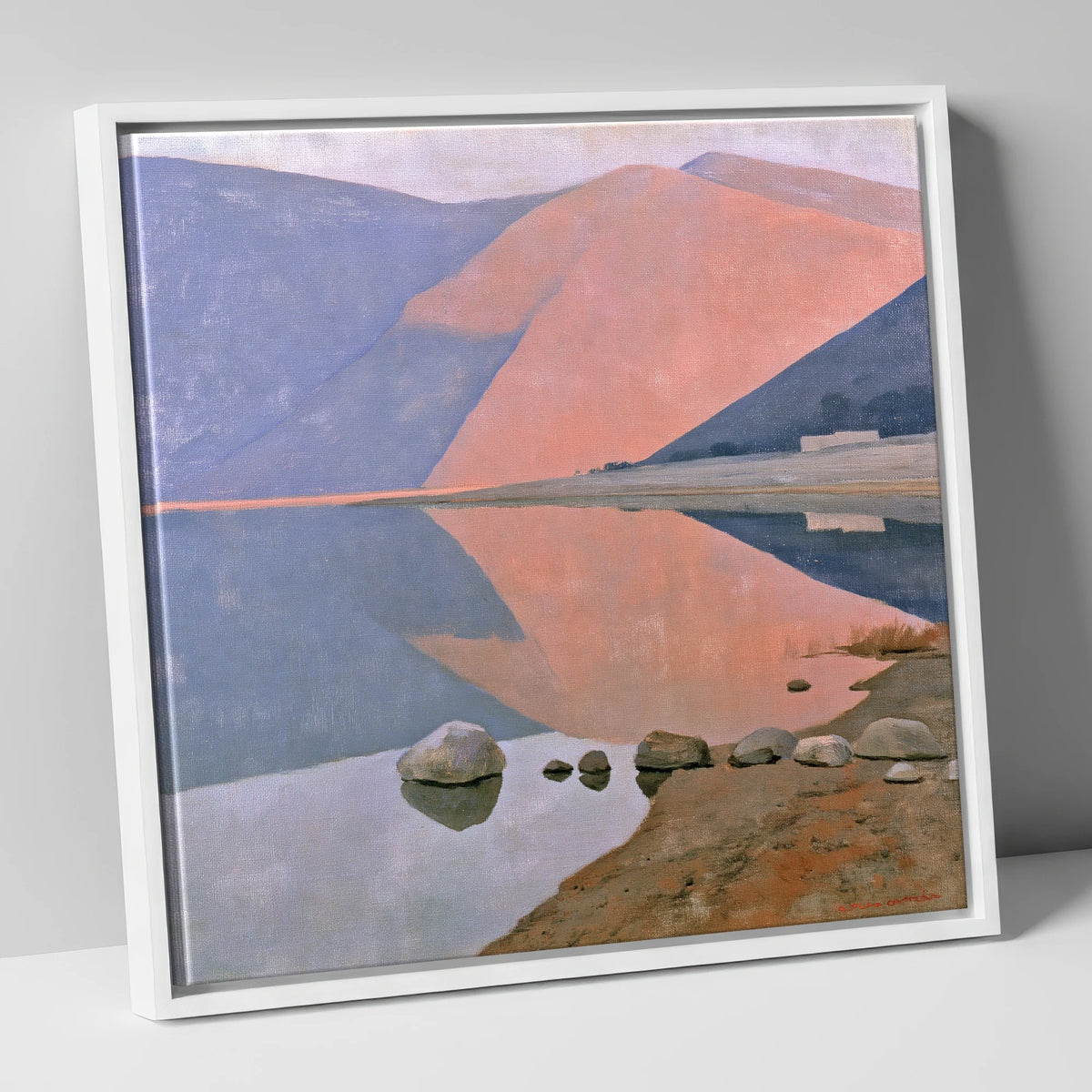 Still Lake beneath Dusk Pink Fells lake district lake canvas wall art in white frame