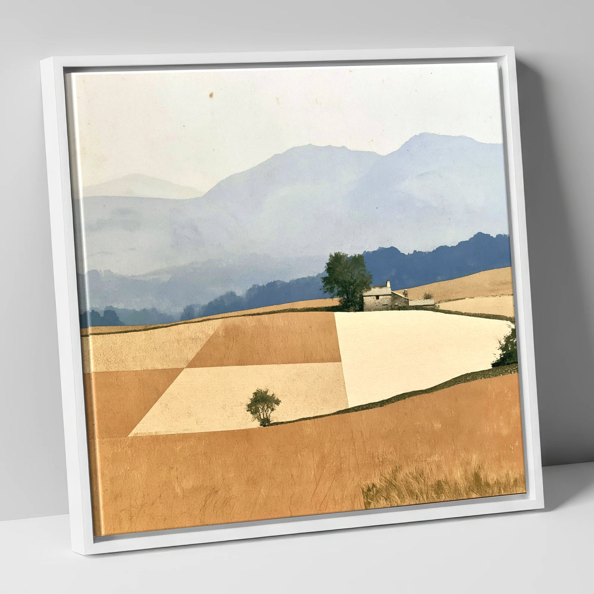 Stone Cottage in Harvest Gold Fells lake district valley canvas wall art in white frame