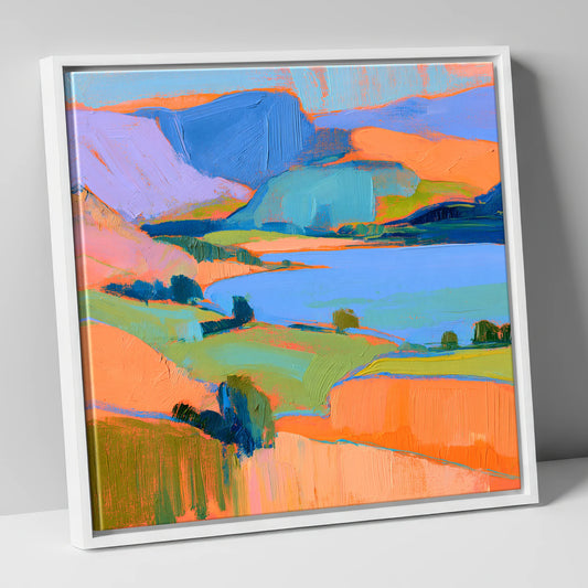 Vibrant Fells And Blue Lake lake district lake canvas wall art in white frame