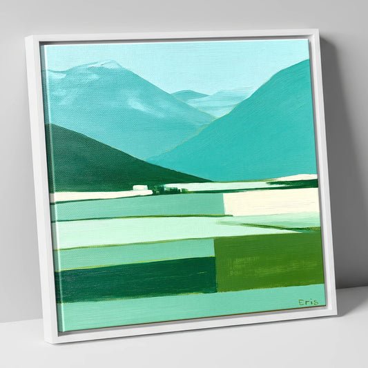 Contemporary Bowfell in Cool Teal lake district fell canvas wall art in white frame