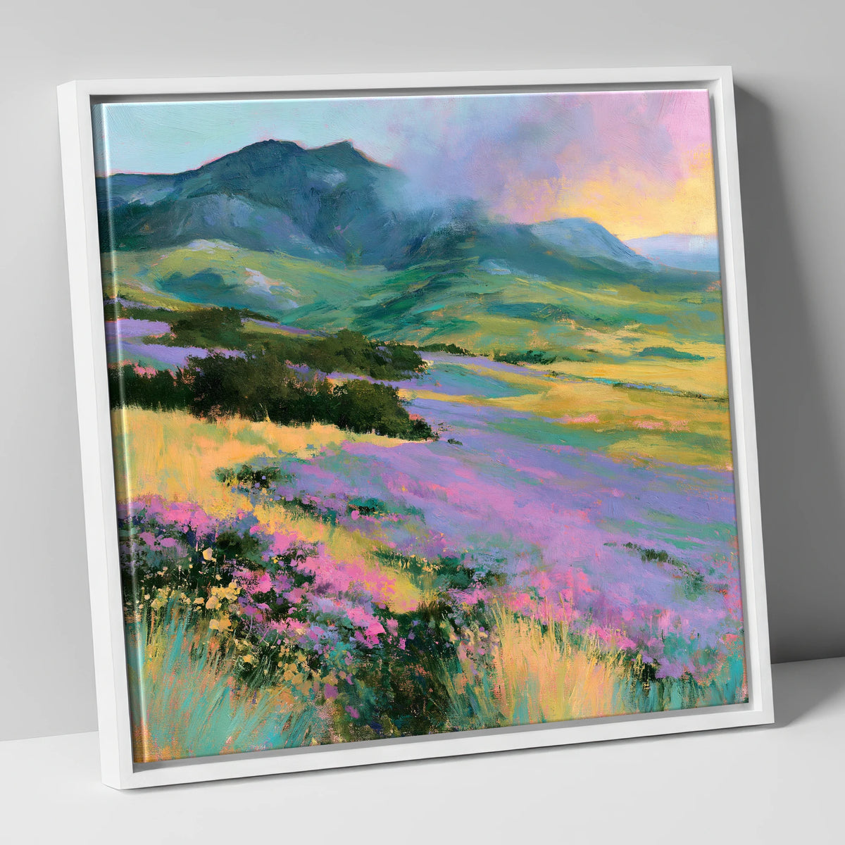 Vivid Heather on Lakeland Fells flowers & fellsides canvas wall art in white frame