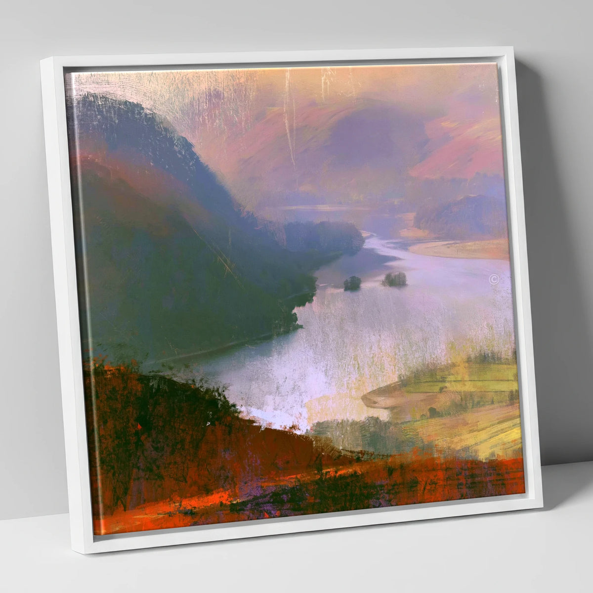 Winding Ullswater from the Fells lake district lake canvas wall art in white frame