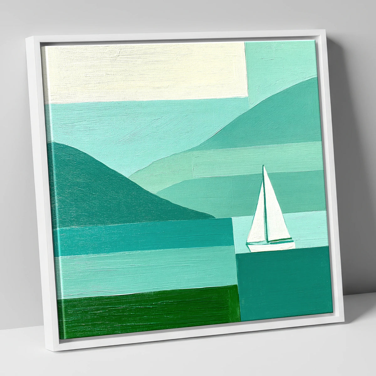 Geometric Lake District Sailboat lake district walking canvas wall art in white frame
