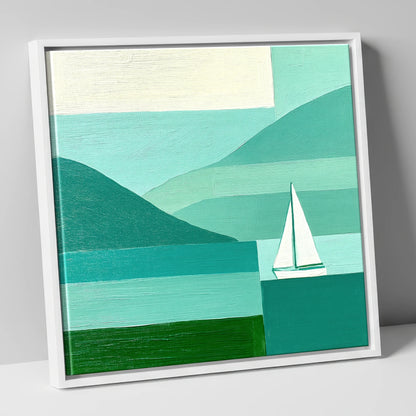 Geometric Lake District Sailboat lake district walking canvas wall art in white frame
