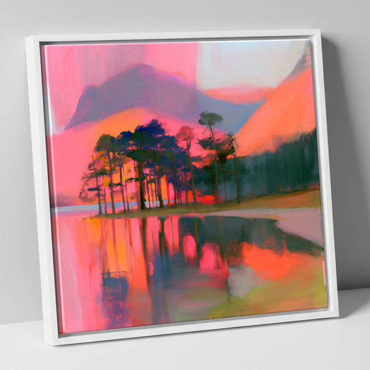 Neon Sunset Over Buttermere Pines lake district lake canvas wall art in white frame
