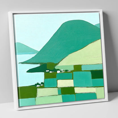 Geometric Greens of Glenridding Village lake district village canvas wall art in white frame