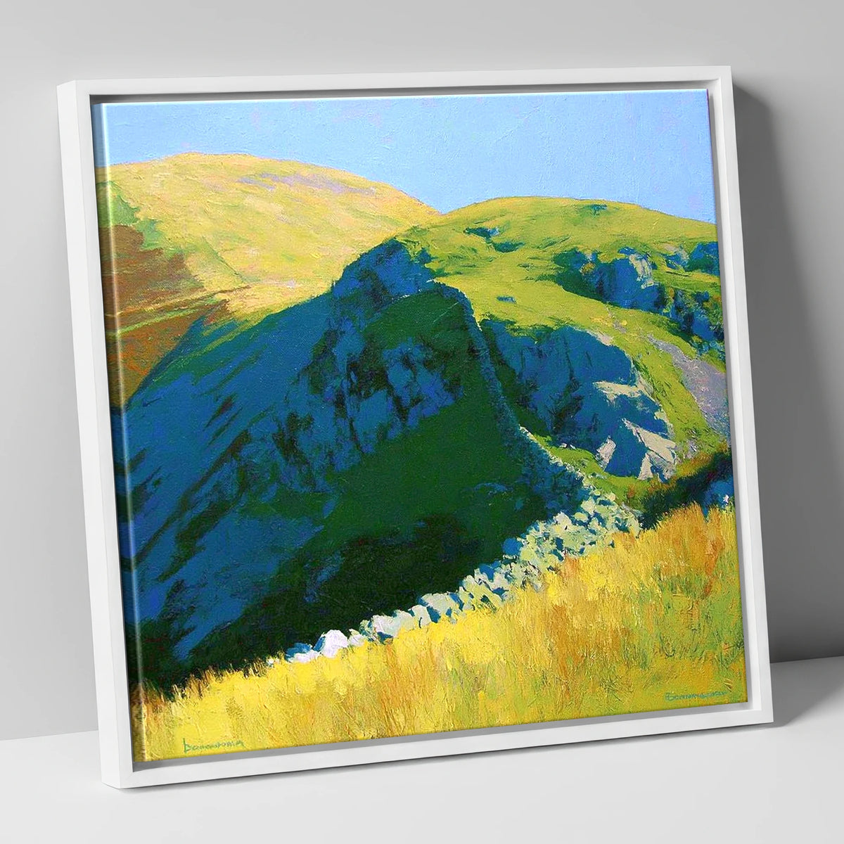 Sunlit Ridge on Birks Fell lake district fell canvas wall art in white frame