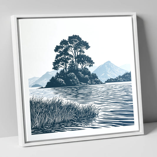 Derwentwater Island in Slate Blue lake district lake canvas wall art in white frame