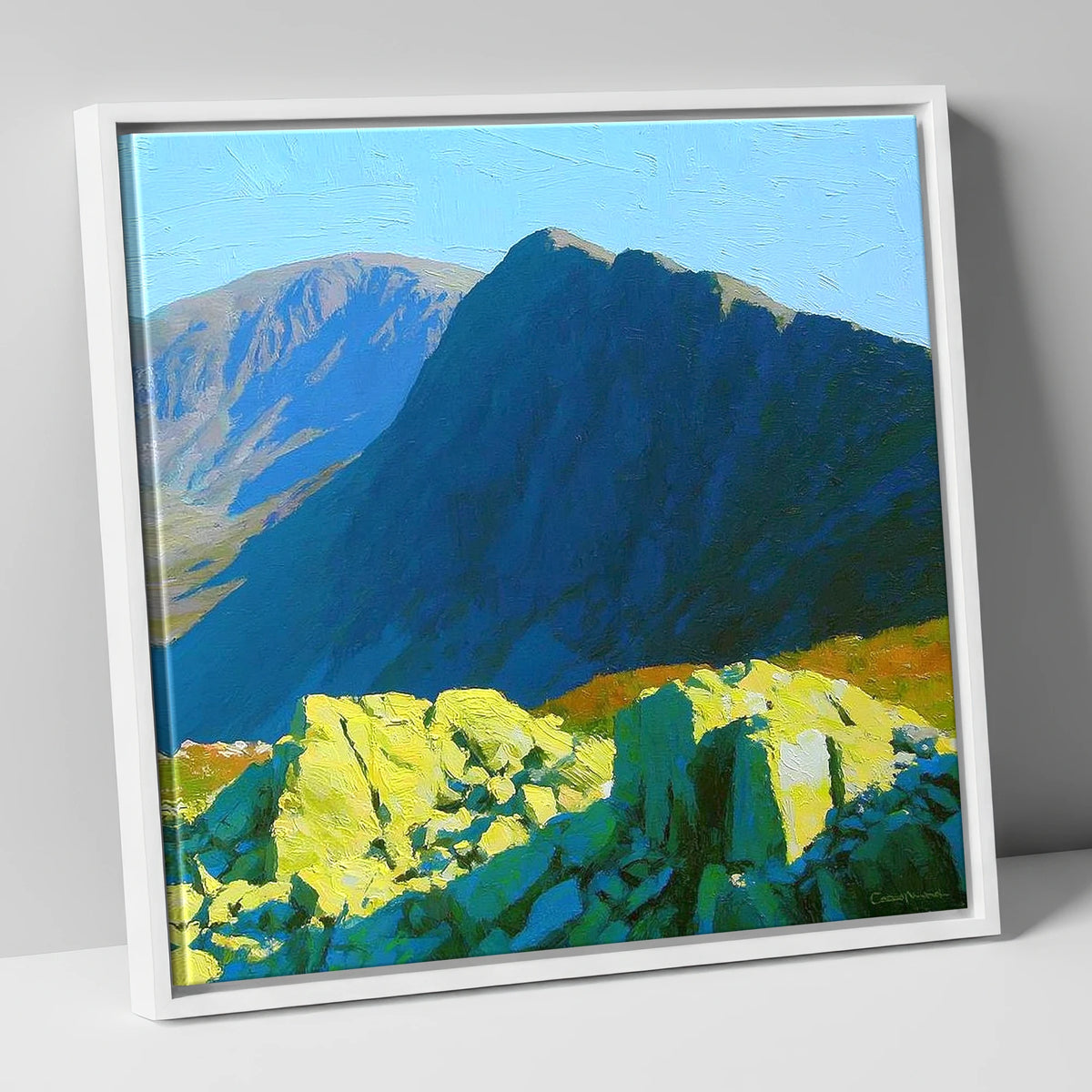 Sunlit Rocks on Great Carrs lake district fell canvas wall art in white frame