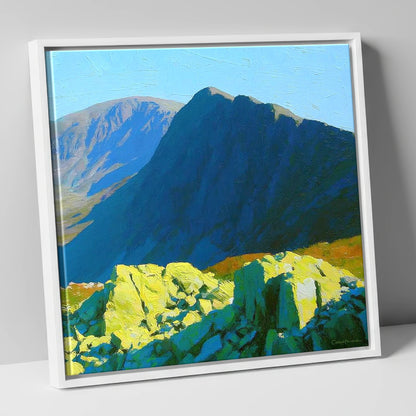 Sunlit Rocks on Great Carrs lake district fell canvas wall art in white frame