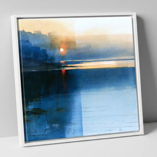 Indigo Sunset Over Lake Water lake district lake canvas wall art in white frame