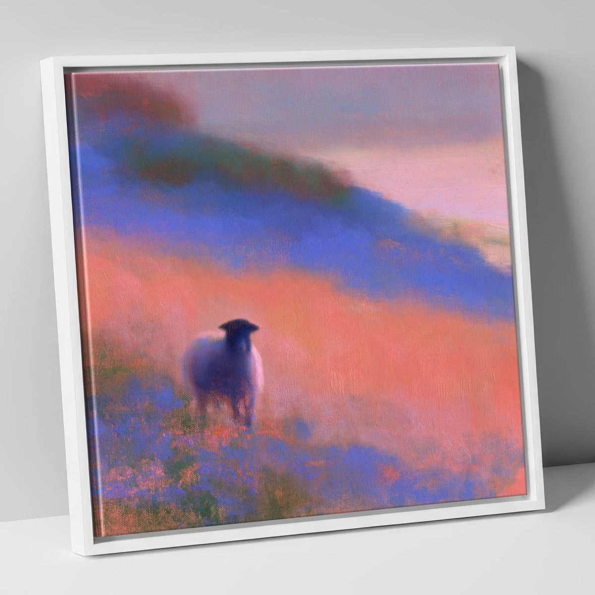 Herdwick Sheep in Twilight Mist lake district wildlife canvas wall art in white frame