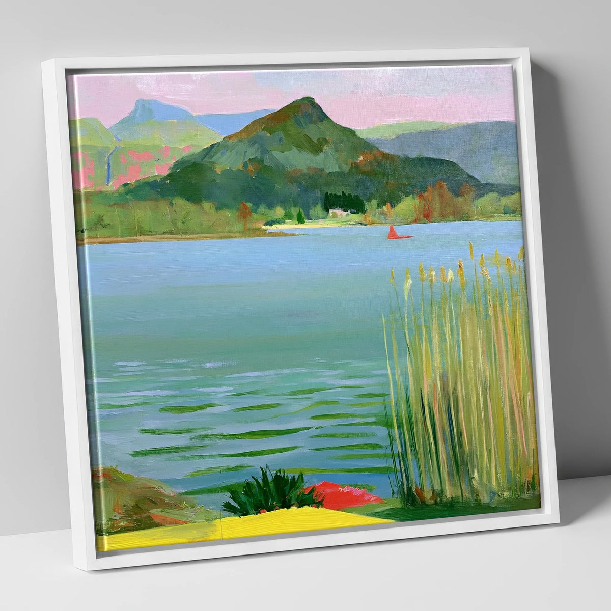 Vibrant Reeds on Grasmere Water lake district lake canvas wall art in white frame
