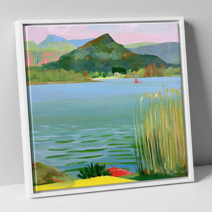Vibrant Reeds on Grasmere Water lake district lake canvas wall art in white frame