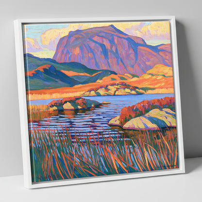 Vibrant Haystacks and Mountain Tarn lake district fell canvas wall art in white frame