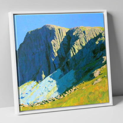 Sunlit Great End Rock Face lake district fell canvas wall art in white frame