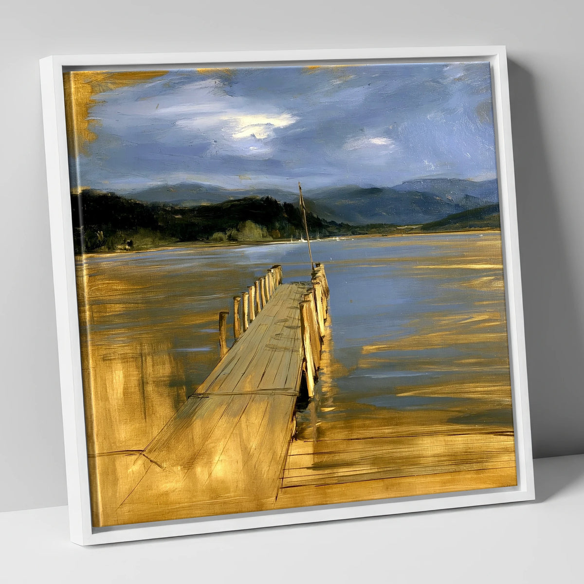 Waterhead Jetty Under Slate Skies lake district village canvas wall art in white frame