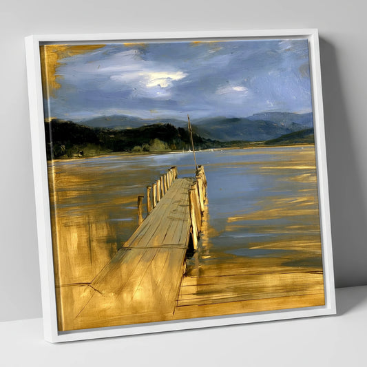 Waterhead Jetty Under Slate Skies lake district village canvas wall art in white frame