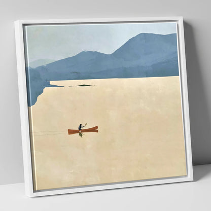 Solo Canoeist on a Golden Lake lake district walking canvas wall art in white frame