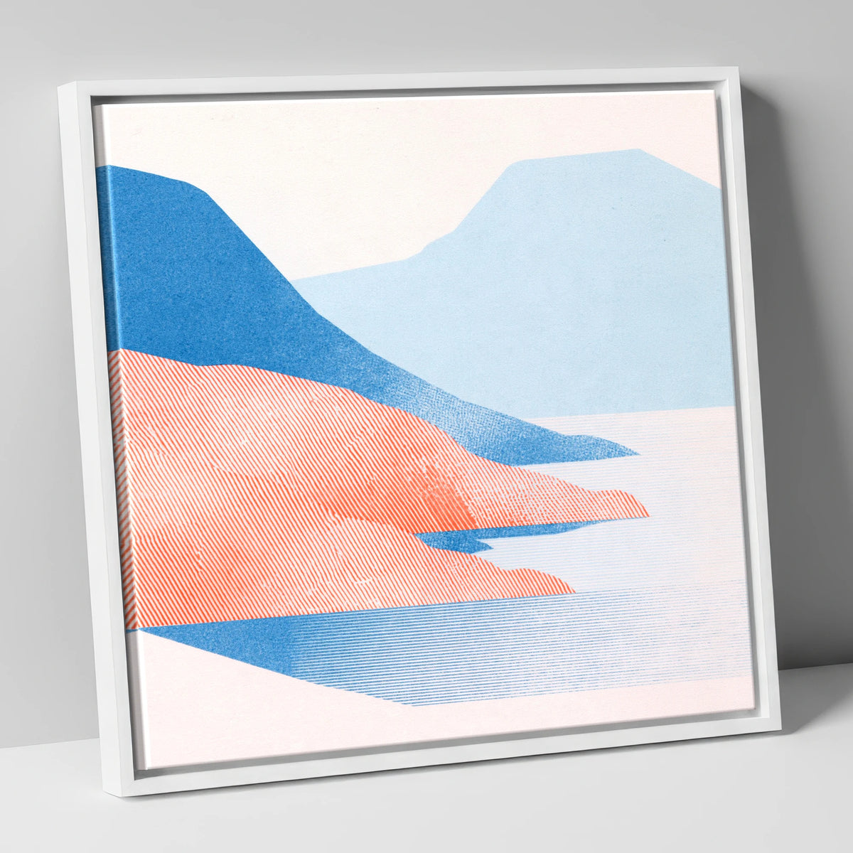 Coniston Water in Coral and Blue lake district lake canvas wall art in white frame