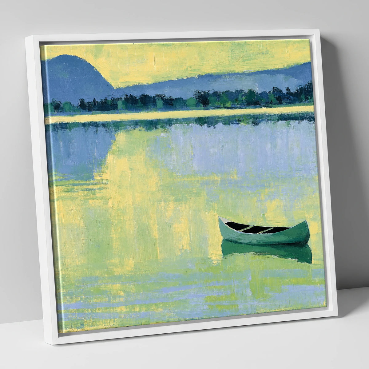 Windermere Canoe in Yellow Light lake district lake canvas wall art in white frame