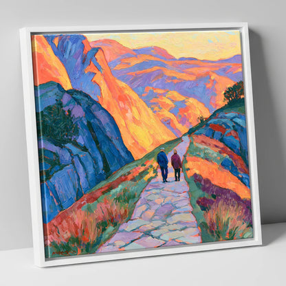 Walkers on an Amber Mountain Path lake district walking canvas wall art in white frame