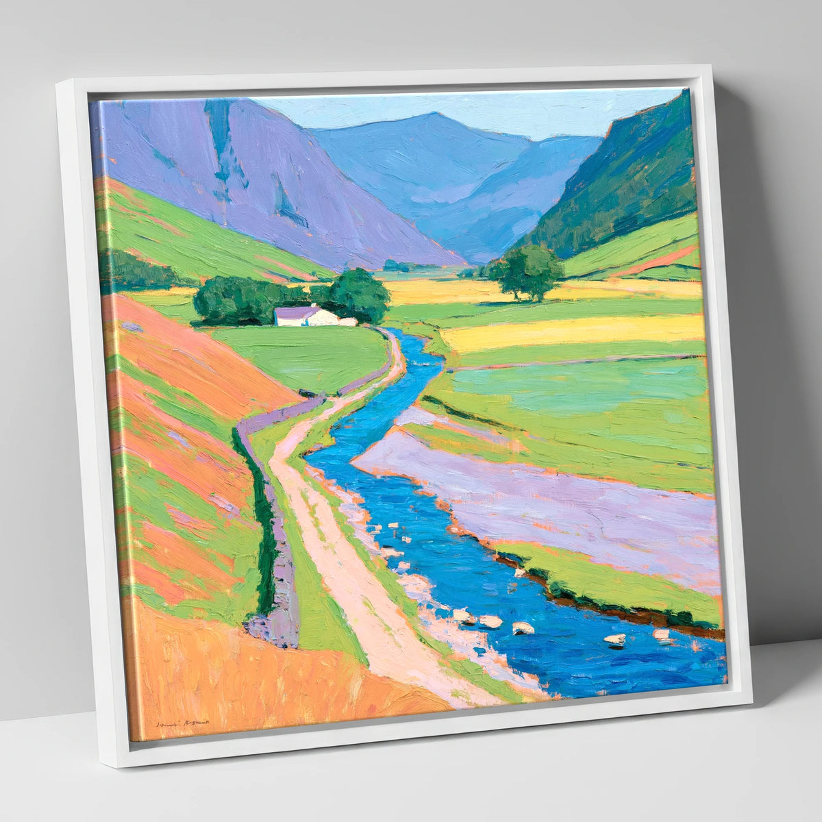 Winding Beck Through Vibrant Fells lake district valley canvas wall art in white frame