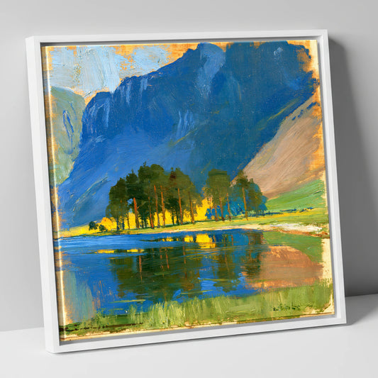 Buttermere Pines against Blue Fells lake district lake canvas wall art in white frame