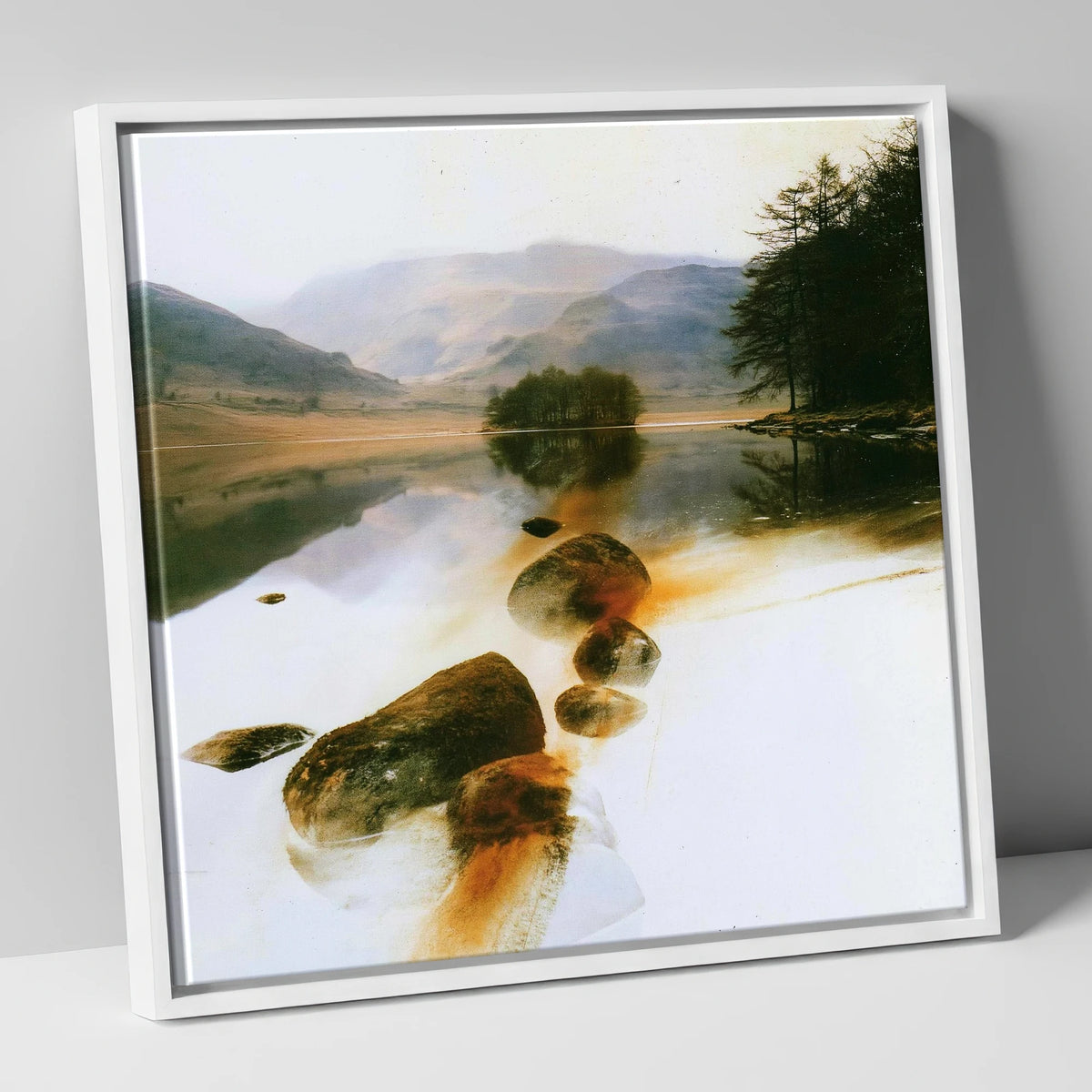 Copper Shallows at Rydal Water lake district lake canvas wall art in white frame