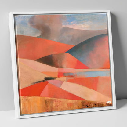 Cloudy Rolling Fells in Coral lake district fell canvas wall art in white frame