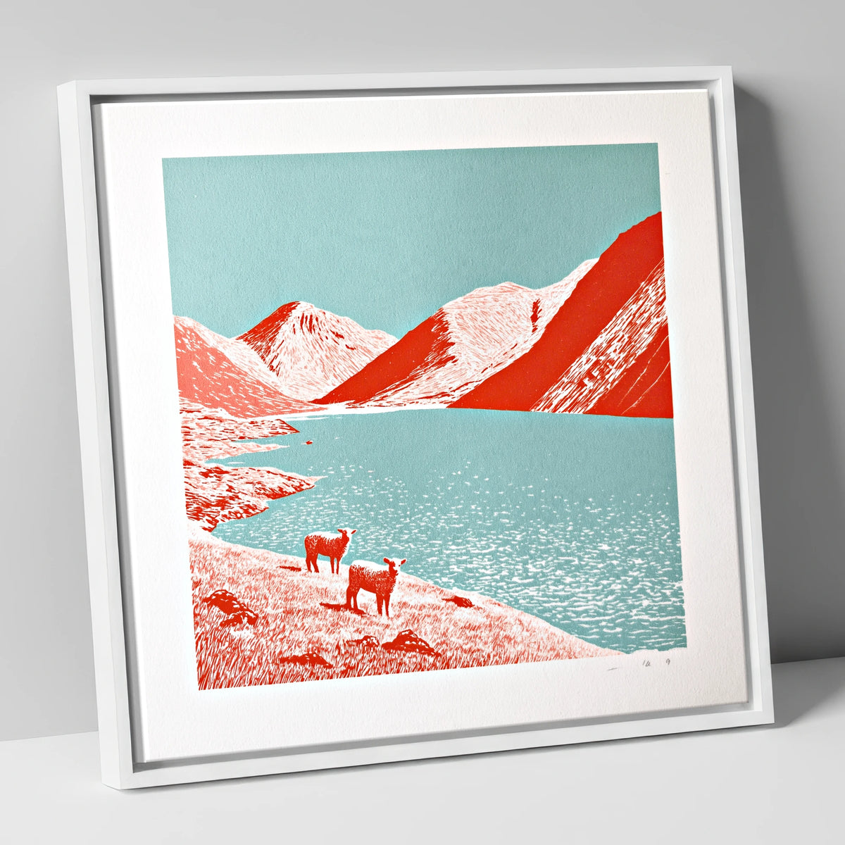 Wastwater Fells in Bold Red lake district lake canvas wall art in white frame