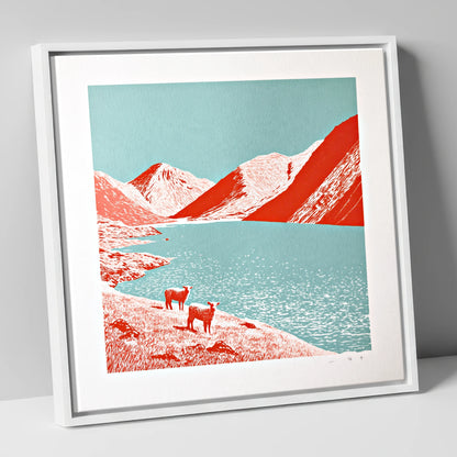 Wastwater Fells in Bold Red lake district lake canvas wall art in white frame
