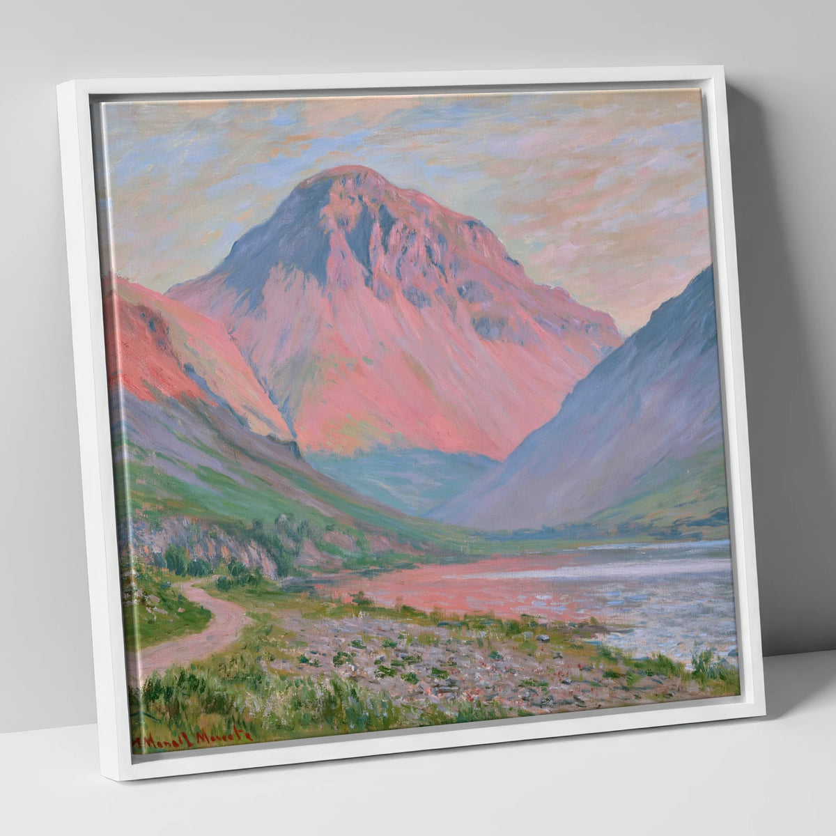 Pink Light Over Great Gable lake district fell canvas wall art in white frame