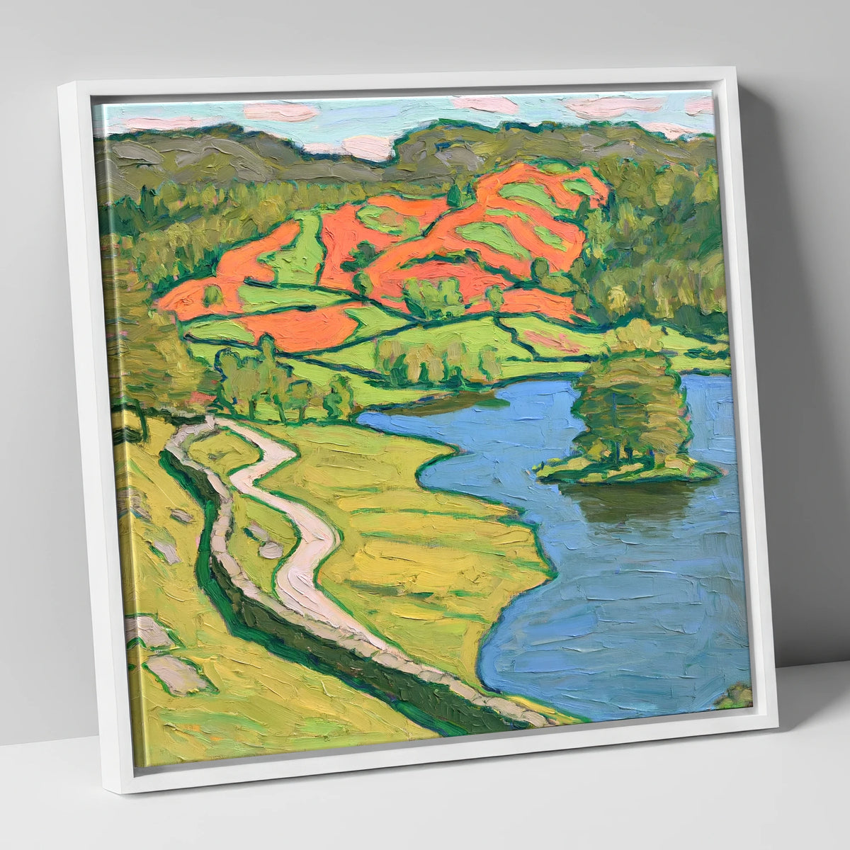 Vibrant Rydal Water Shore Path lake district lake canvas wall art in white frame