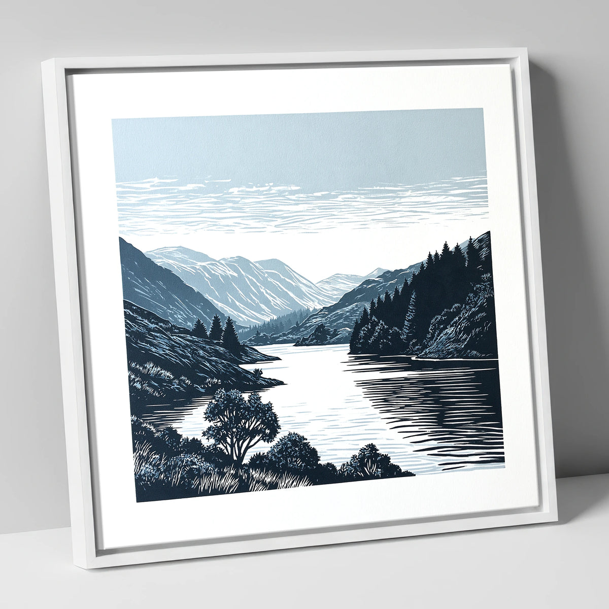 Navy Fells Over Slate Lake lake district lake canvas wall art in white frame