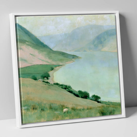 Pastel Haze over Ennerdale Water lake district valley canvas wall art in white frame