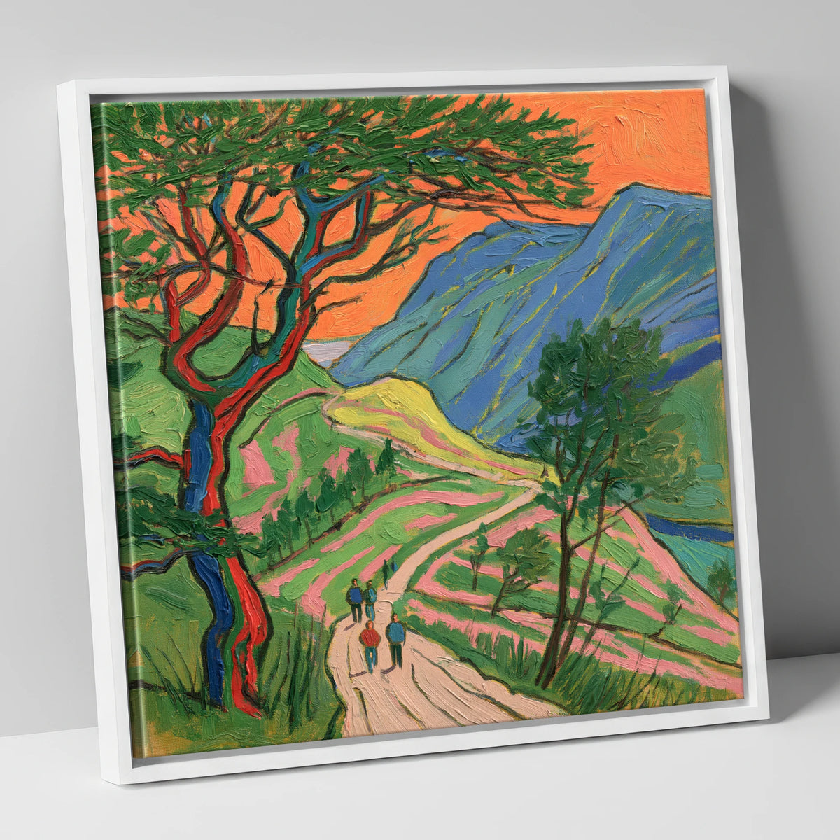Fell Path Beneath an Orange Sky lake district walking canvas wall art in white frame