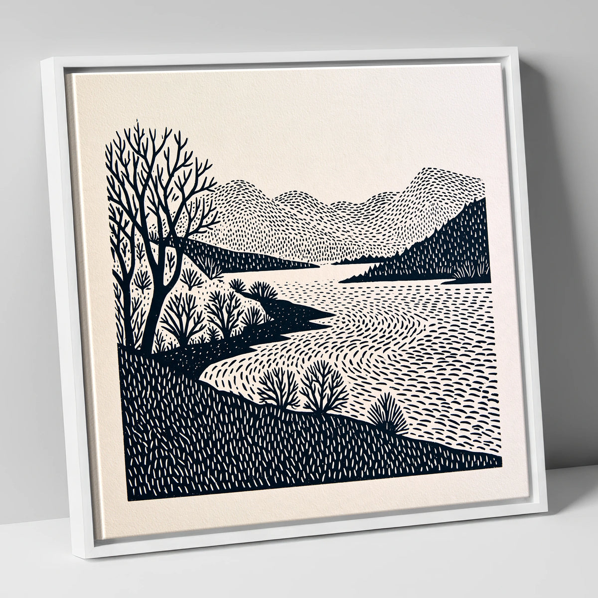Stark Trees at Coniston Water lake district lake canvas wall art in white frame