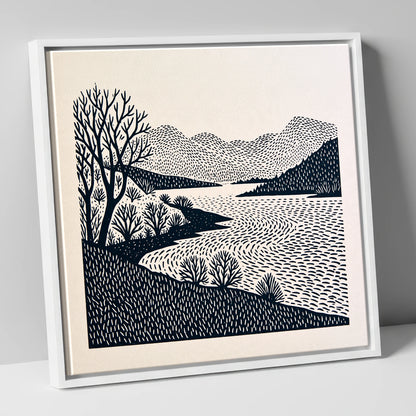 Stark Trees at Coniston Water lake district lake canvas wall art in white frame