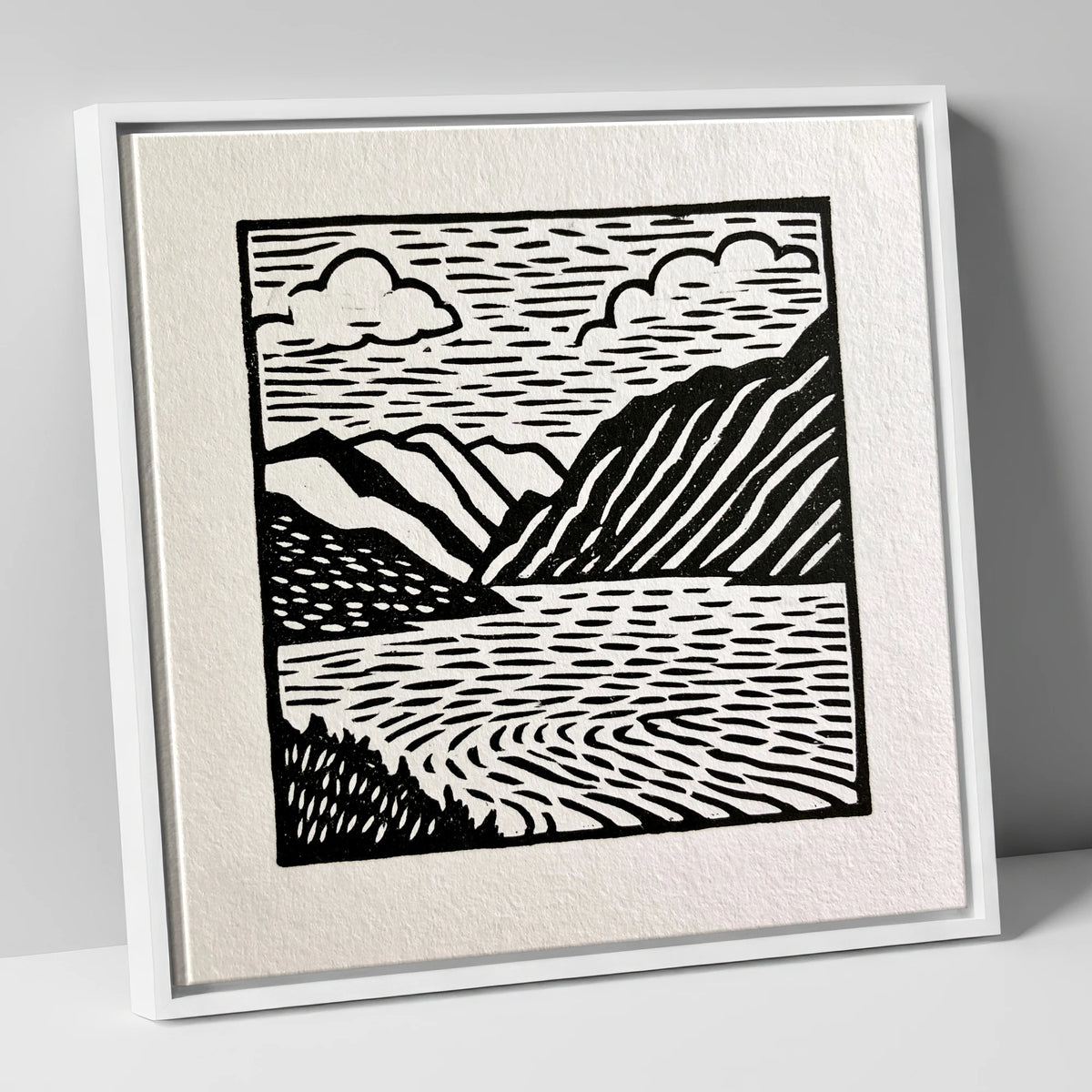 Graphic Monochrome Lake and Fells lake district lake canvas wall art in white frame