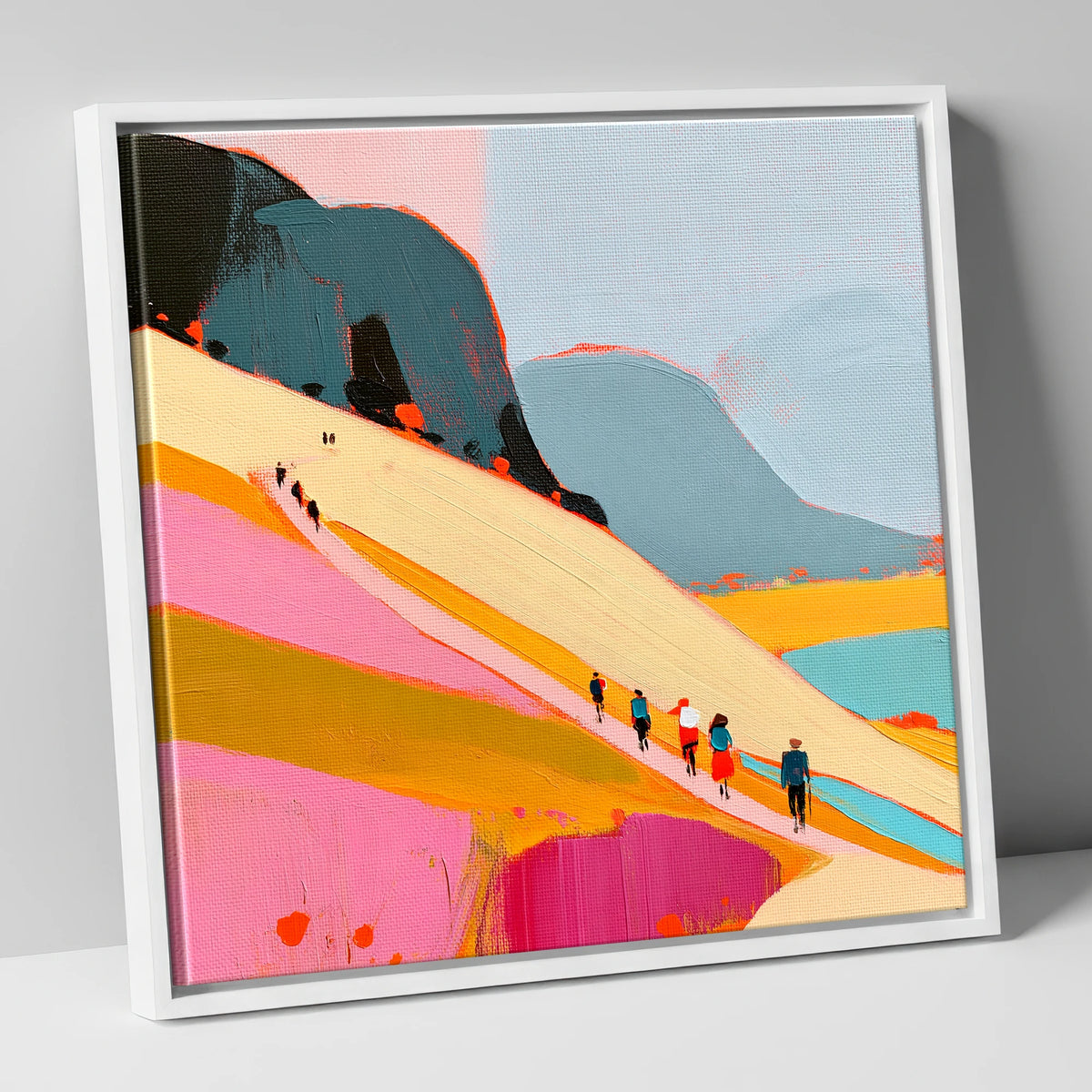 Vibrant Mountain Path Walkers lake district walking canvas wall art in white frame